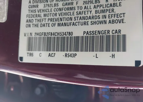 2012 Honda Civic Ex from USA, damaged, VIN 2HGFB2F84CH534780